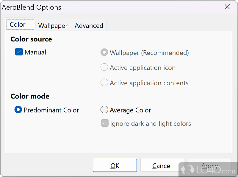 Designed to automatically change the Windows color to match the current wallpaper - Screenshot of AeroBlend