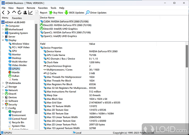 The main details screen of the GPGPU information - Screenshot of AIDA64 Business Edition