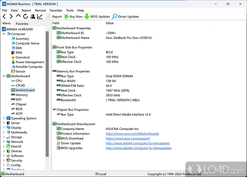 Display of pertinent information about your motherboard and RAM - Screenshot of AIDA64 Business Edition