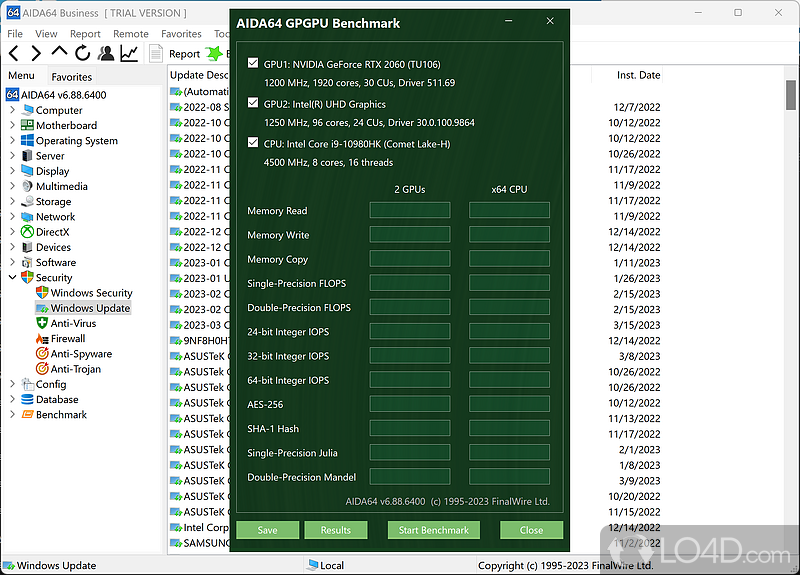 The GPU benchmark feature of AIDA64 Business Edition - Screenshot of AIDA64 Business Edition