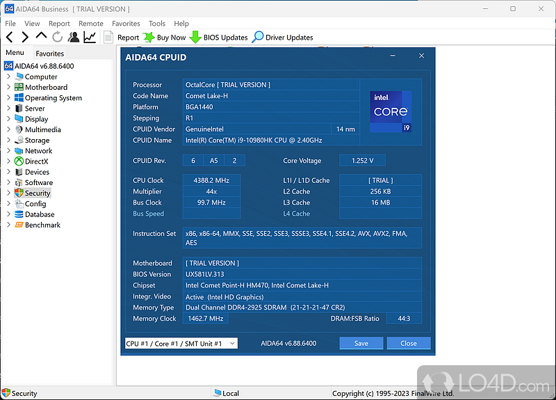 Quick access to your CPU's information with CPUID - Screenshot of AIDA64 Business Edition