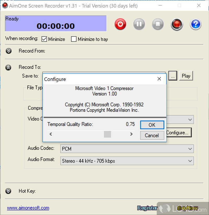 Set recording and output options - Screenshot of AimOne Screen Recorder