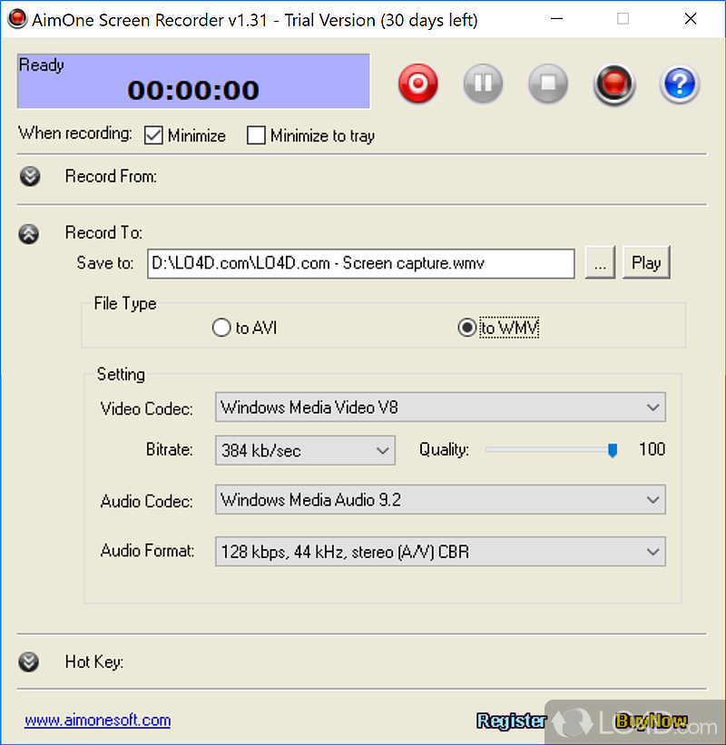 Capture/Record Screen or Window to AVI or WMV - Screenshot of AimOne Screen Recorder