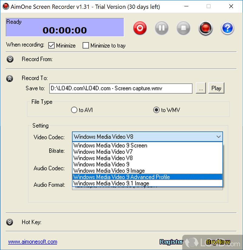 Capture/ Record screen, window or fixed-region with optional audio to AVI ro WMV - Screenshot of AimOne Screen Recorder