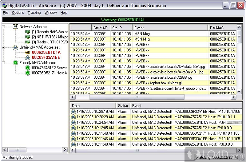 Intrusion detection system to monitor wireless network - Screenshot of AirSnare