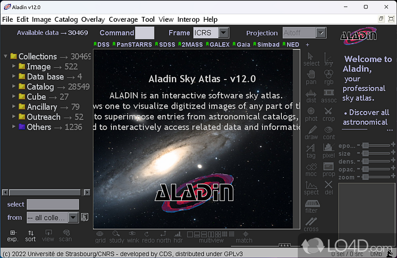 Is designed to retrieve sky atlases, astronomical images - Screenshot of Aladin