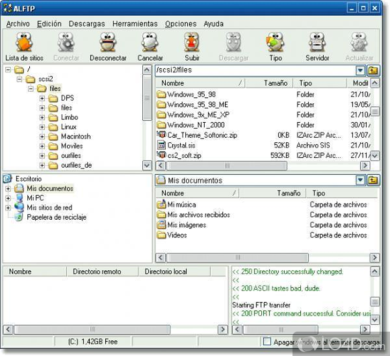 Helps users transfer files from a remote FTP server to their computer, thus making possible the uploading - Screenshot of ALFTP