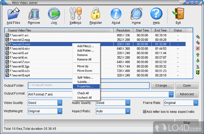 Merge multiple AVI, Divx, XviD, MPEG, WMV, ASF, RM, MOV, 3GP, MP4, FLV files into one large file in various format - Screenshot of Allok Video Joiner