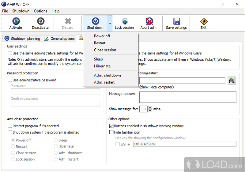 Scheduling of Windows shutdown (restart, hibernate - Screenshot of AMP WinOFF