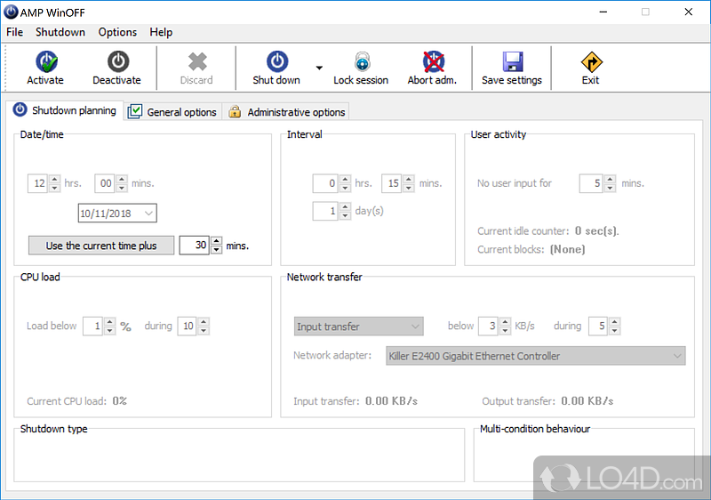 Utility for scheduling power management options, with support for multi-condition behavior mode, remote shutdowns - Screenshot of AMP WinOFF