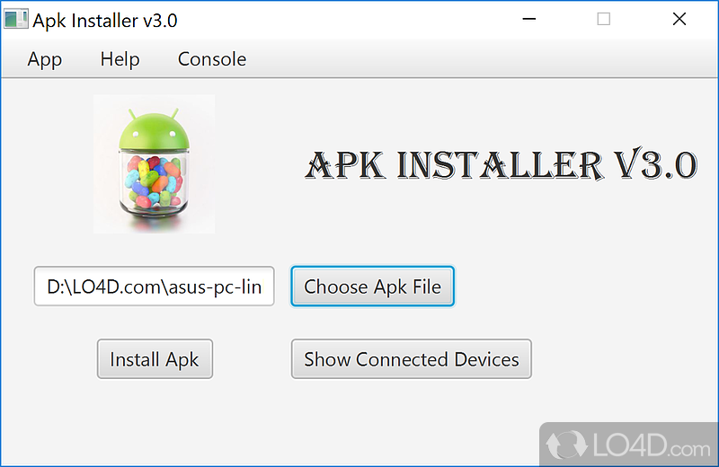 Install APK packages onto an Android phone directly from the computer, by simply connecting the phone to the PC - Screenshot of Android Package Installer