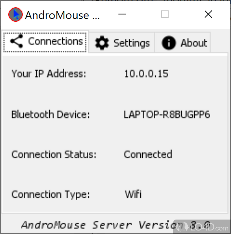 Designed to connect computer with an Android device in order to replace the mouse with smartphone - Screenshot of AndroMouse Server