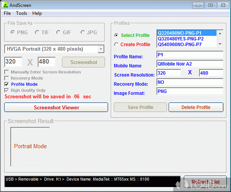 Profile support and output file types - Screenshot of AndScreen