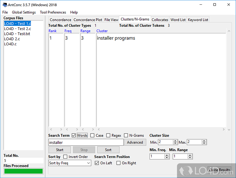 The application parses two or more text documents and displays exact or similar words employed in the corpus - Screenshot of AntConc