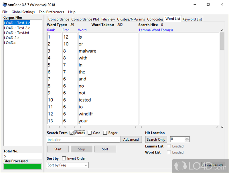 Number of tools for linguistics research and data analysis from text - Screenshot of AntConc