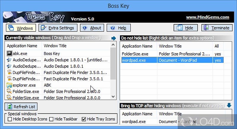 Lets you hide windows with a single key stroke - Screenshot of Anti Boss Key