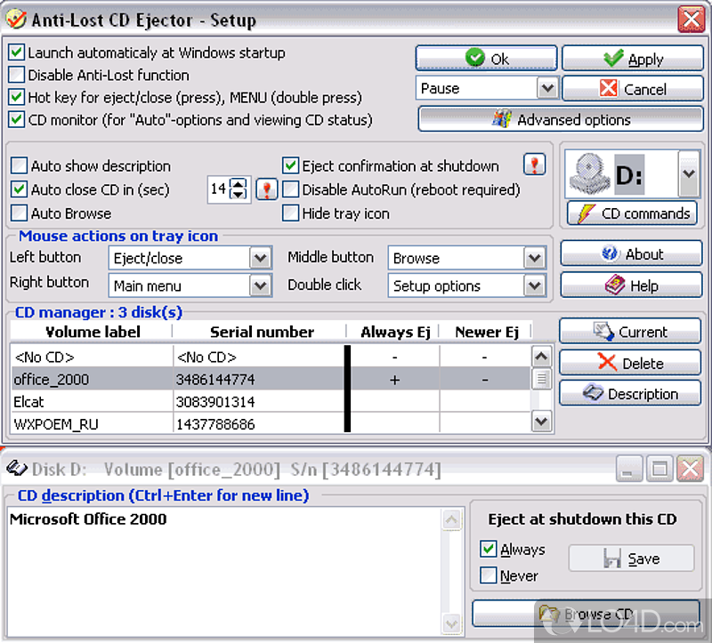 Usefull tool which ejects CD from CD-drive at Windows shutdown - Screenshot of Anti-lost CD Ejector Lite