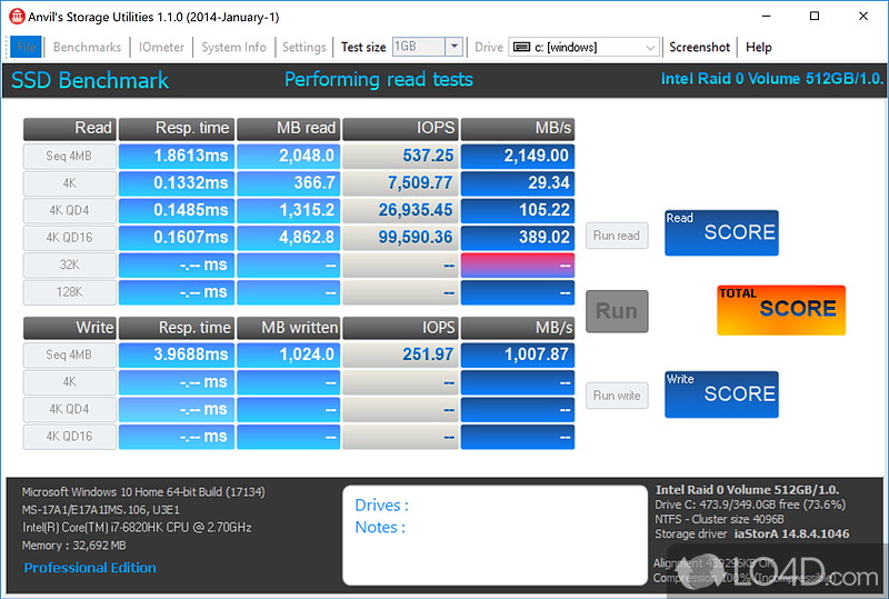 Using this app perform endurance tests and benchmark the performance of hard drive or solid state disks - Screenshot of Anvils Storage Utilities