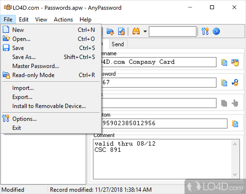 AnyPassword: User interface - Screenshot of AnyPassword