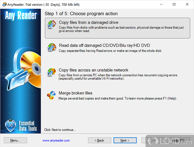 Allows users to recover data from damaged CDs, DVDs, Blu-rays, HD DVDs - Screenshot of AnyReader