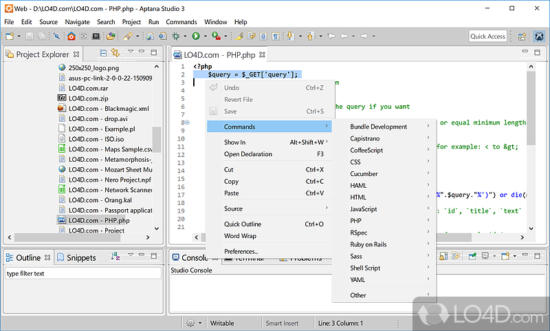 Modern IDE with terminal and debugger - Screenshot of Aptana Studio