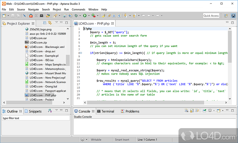 Utility for building web apps, with preset commands - Screenshot of Aptana Studio