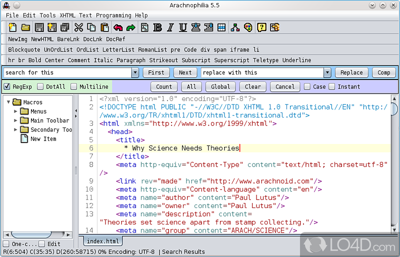 Customize toolbar commands and layout - Screenshot of Arachnophilia