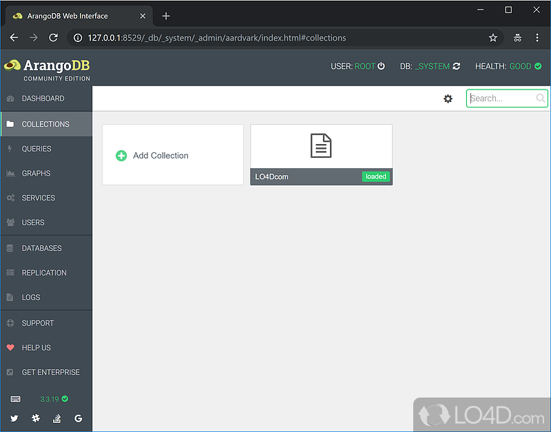 Console-based shell to manage collections and documents - Screenshot of ArangoDB