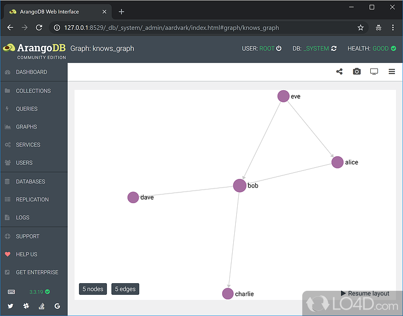 Integrated web-based administration dashboard - Screenshot of ArangoDB