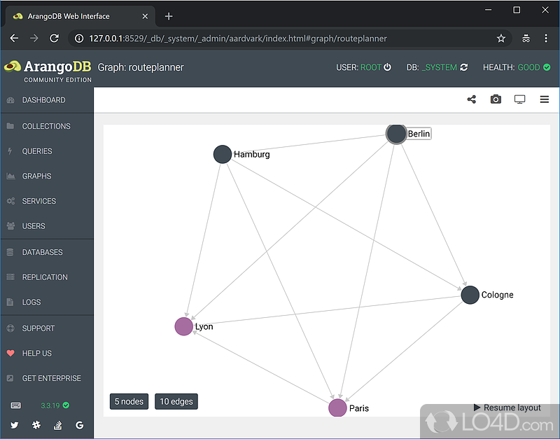 SQL-like database system with JavaScript support - Screenshot of ArangoDB