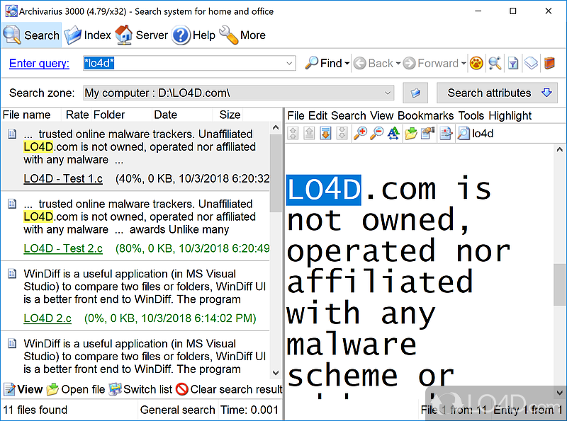 Look for certain keywords inside documents, e-mails - Screenshot of Archivarius 3000