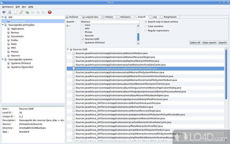 Customizable backup jobs and advanced search capabilities - Screenshot of Areca Backup