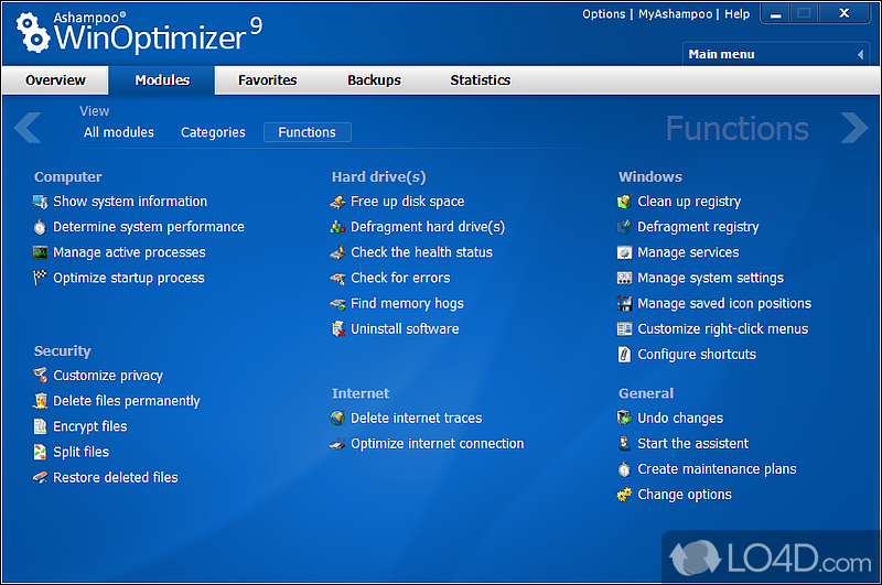 Ashampoo WinOptimizer: User interface - Screenshot of Ashampoo WinOptimizer
