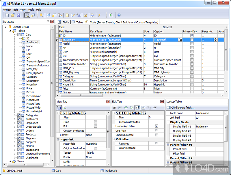 Programming tool which is capable of generating ASP from databases in a short time thanks to its design - Screenshot of ASPMaker