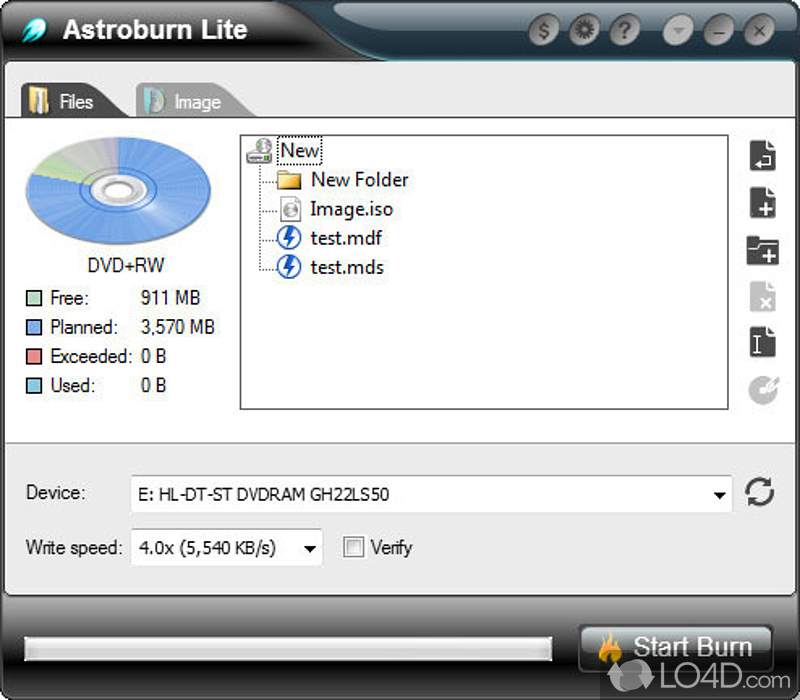 Possibility to burn data to image files - Screenshot of Astroburn Lite