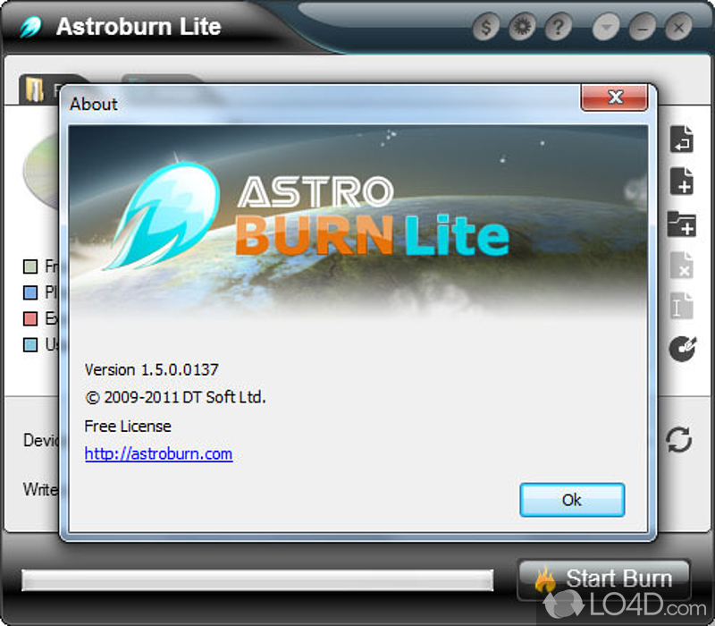 Home program with essential features to perform disc burning - Screenshot of Astroburn Lite