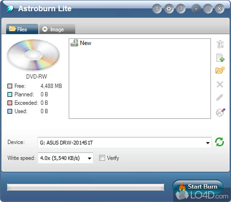 Burn files, videos or music to CDs, DVDs and Blu-rays or use stored ISO files to create CD images - Screenshot of Astroburn Lite