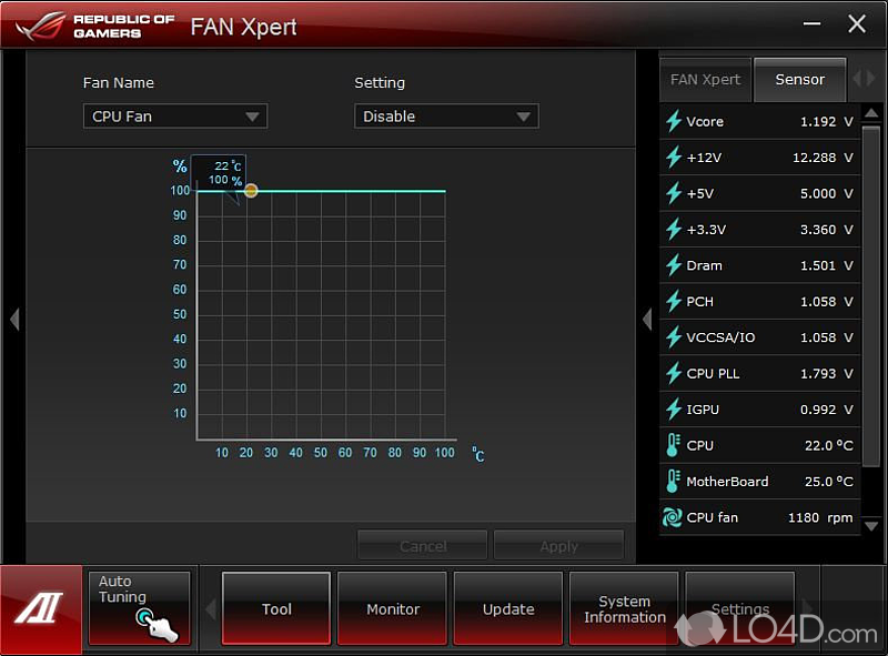 Control, diagnose and view statistics of motherboard and CPU - Screenshot of ASUS Fan Xpert