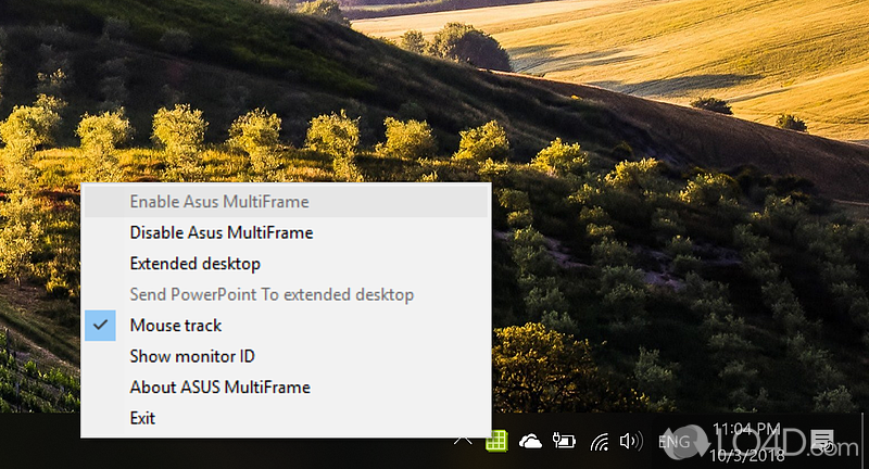 Helps users divide the desktop into four areas and send files to a secondary monitor - Screenshot of Asus MultiFrame