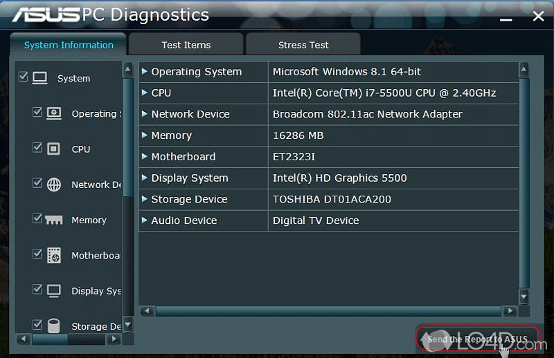Test and stress the computer to see the behavior - Screenshot of ASUS PC Diagnostics