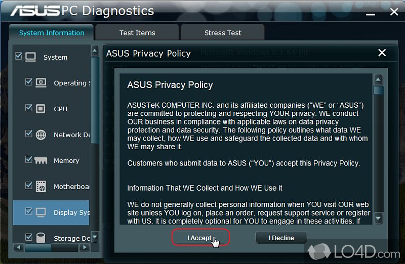 All-in-one hardware diagnostic utility for components of an ASUS PC - Screenshot of ASUS PC Diagnostics