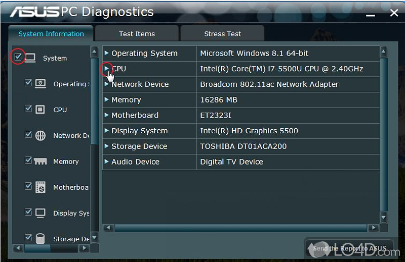 Utility designed to test System Information, System Devices - Screenshot of ASUS PC Diagnostics