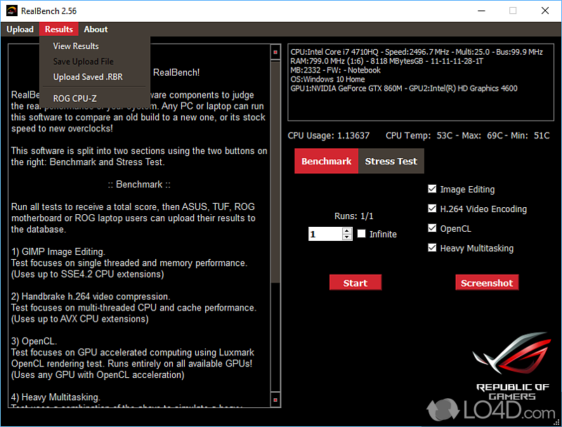 Test your CPU, your memory and your GPU in various scenarios - Screenshot of Asus RealBench