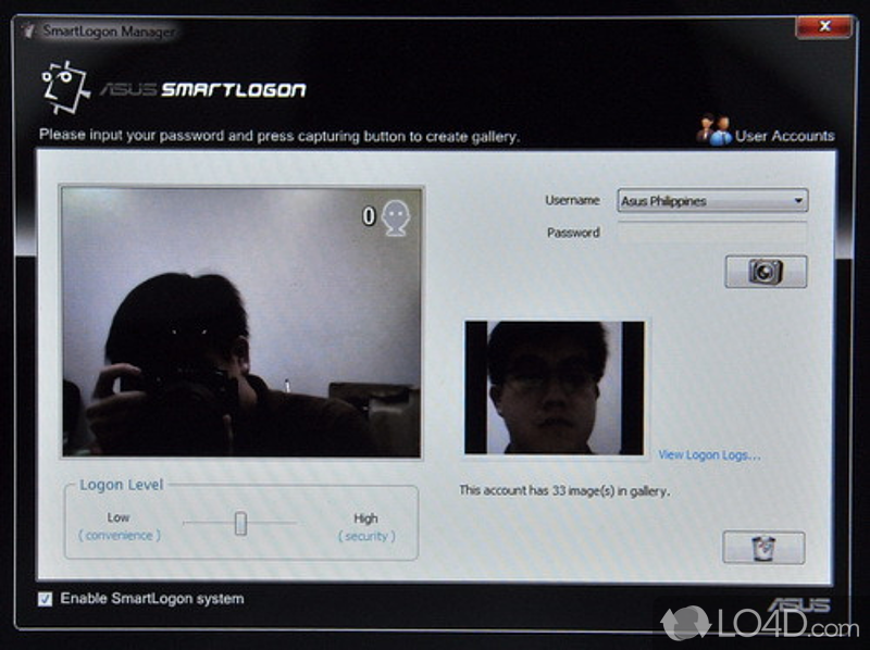 Quick Logons through Facial Recognition using integrated webcam - Screenshot of ASUS SmartLogon