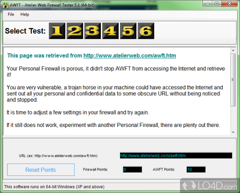 Software utility that helps check firewall strength by performing a wide variety of tests - Screenshot of Atelier Web Firewall Tester