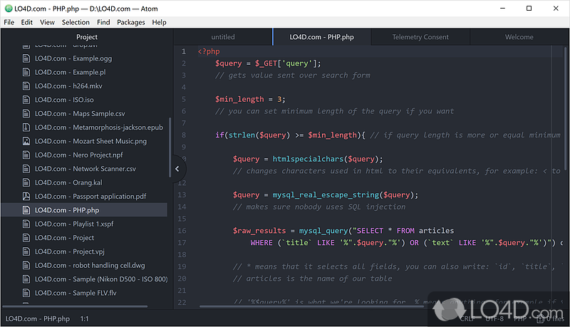 Text and source code editor with syntax highlighting that can also functions as a file viewer - Screenshot of Atom Editor