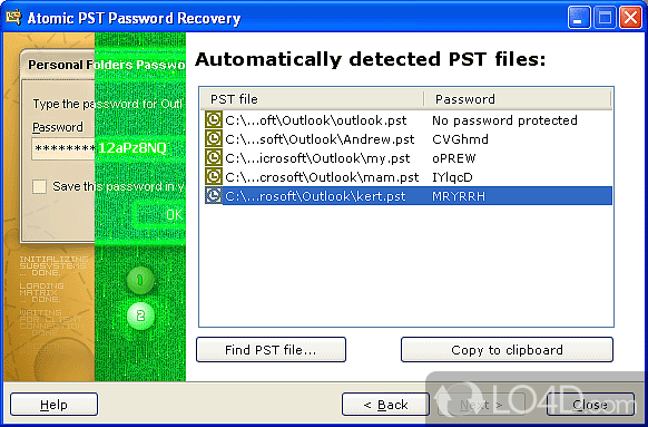 Piece of software capable of retrieving all lost - Screenshot of Atomic PST Password Recovery