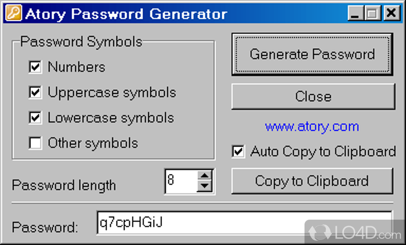 Generate random and secure passwords for various purposes, such as wireless network connections or email accounts - Screenshot of Atory Password Generator