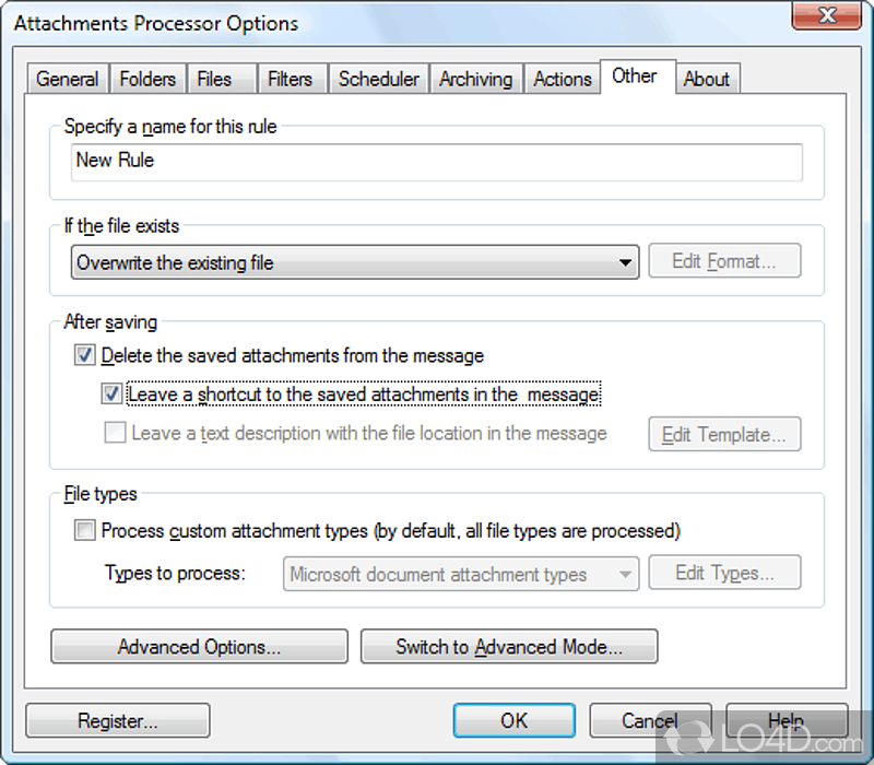 Attachments Processor for Outlook: User interface - Screenshot of Attachments Processor for Outlook