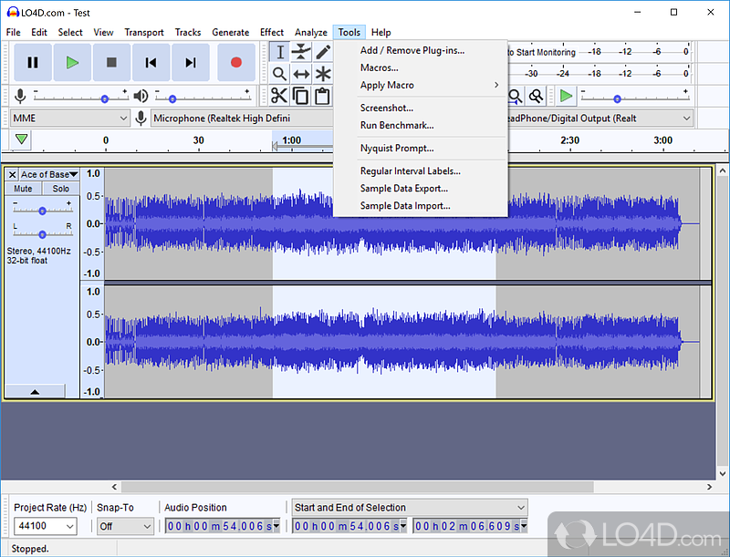 Effects to tweak and use, and perform audio analysis - Screenshot of Audacity